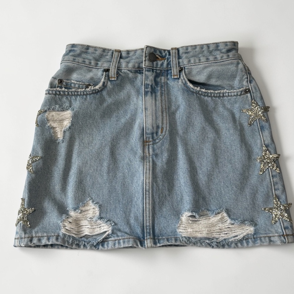 CARMAR Rhinestone Star Distressed Jean Skirt Size 24